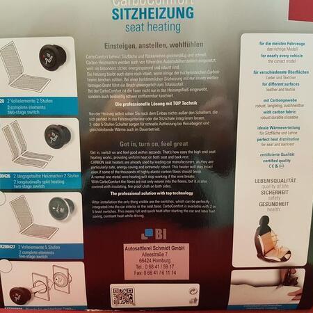 Beschreibung der Sitzheizung, zeigt das Design und die Produktinformationen